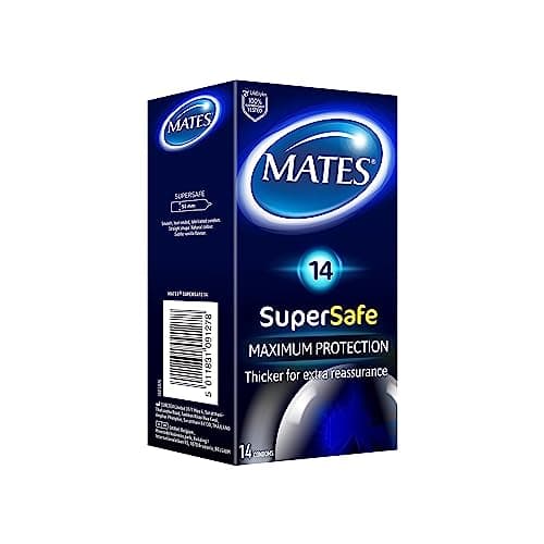 Image of MATES SuperSafe Condoms Pack of 14 Extra Thickness for a Maximum Protection, Condoms for Men, Regular Size, Strong, Smooth, Straight Shape, Lubricated, 52mm Wide
