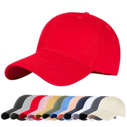 Image of Enwokran Plain Baseball Cap, Unisex Classic 6 Panel Adjustable Casual Cotton Snapback Closure Anti UV Summer Sports Sun Visor Hat (Red)