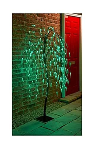 Image of Spot on dealz® 5 FT Weeping Willow Tree Outdoor Christmas Decorations 240 Green LED Tree Lights with Metal Flat Base Garden Ornaments for Home Xmas Display Indoor
