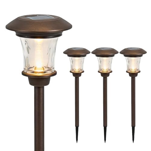 Image of Gardenwize - Pack of 4 Solar LED Metal Stake Lights – Outdoor Pathway Illumination for Garden, Patio, Decking, Borders, Camping, Pond or Memorial Use, Auto Dusk-to-Dawn, No Wiring