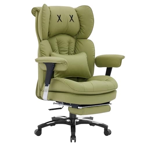 Image of Efomao Desk Office Chair, Heavy Duty 200kg Big and Tall Executive Computer Chair, Unique XX Embroidery Ergonomic High Back PU Leather Chair with Retractable Footrest, Olive Green