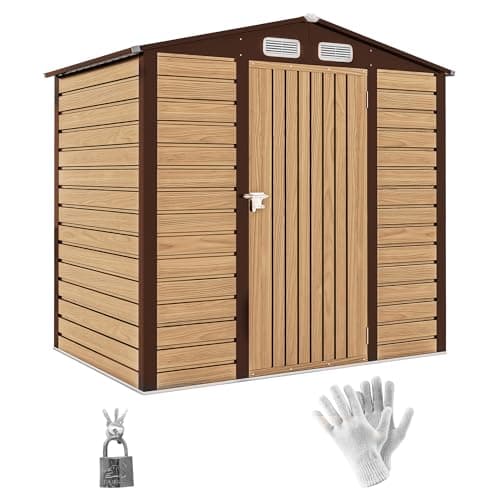 Image of Outsunny 4.3 x 6.2 ft Garden Shed, Galvanised Metal Shed, Easy to Assemble, with Lockable Door, Gloves and 2 Vents Outdoor Tool Storage, Oak