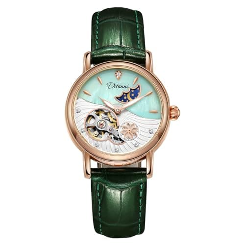 Image of CARLIEN Womens Automatic Mechanical Stainless Steel Moonphase Watches Leather Strap Self-Winding Pearl Skeleton dial Waterproof Ladies Wristwatch, Green Rose Gold, Fashion, Elegant, Business