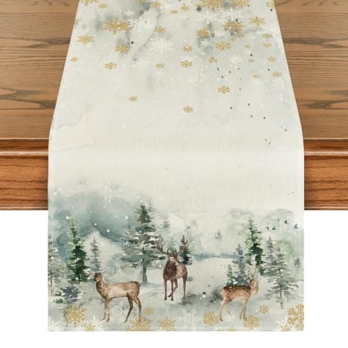 Image of Artoid Mode Watercolor Deer Trees Snowflakes Christmas Table Runner, Seasonal Winter Xmas Kitchen Dining Table Decoration for Home Party Decor 40x180 cm