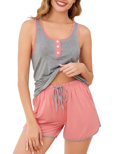 Image of Vlazom Women's Pyjamas Set Soft Sweetness Cami Tank Pj's Sets Shorts Summer Sleepwear Loungwear Set with Pockets,Grey & Orange, L