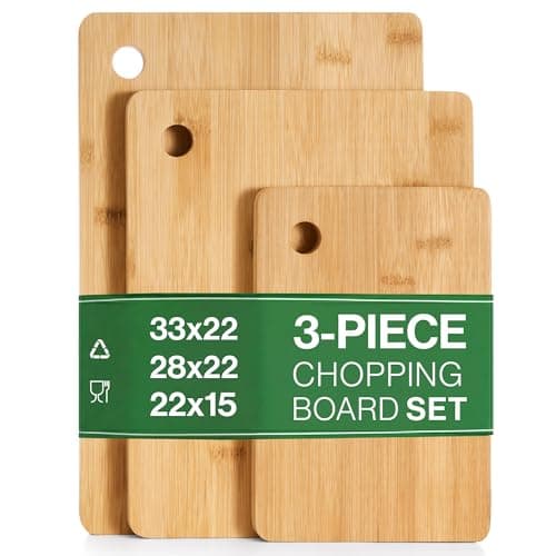 Image of Premium Wooden Chopping Boards 3 Piece 100% Natural Organic Bamboo Chopping Board Set Different Sizes for Every Occasion Ideal for Carving Meat, Cutting Vegetables, Cheeses and Bread, Dishwasher Safe