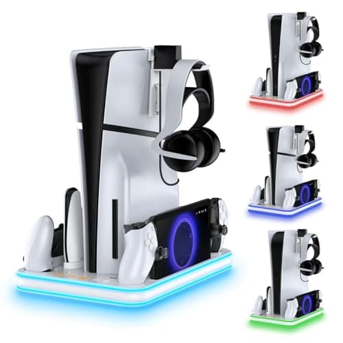 Image of PS5 Slim Accessories Cooling Stand with RGB LED – DualSense & Edge Controller Charging Dock – Vertical Charging Base with USB Ports - White