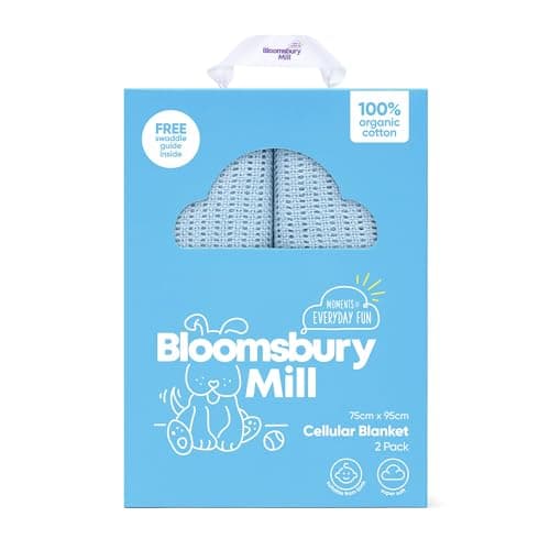 Image of Bloomsbury Mill - Cellular Blankets Baby - Soft 100% Organic Cotton Baby Blanket - Pack of 2 - Essentials For Newborn - Ideal for Cot Bed, Travel, Car Seat, Pram, Moses Basket - Blue 75x95cm