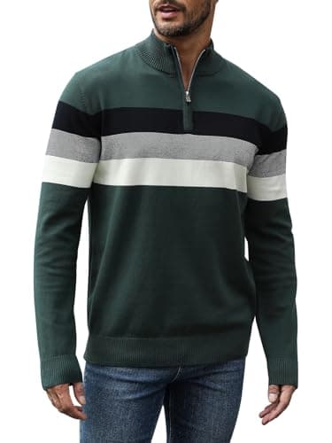 Image of Superora Men's Jumpers Cotton Knitted Casual Sweaters Long Sleeves Striped Winter 1/4 Zip Pullover Green