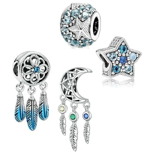 Image of 4 Pack Summer Charms for Pandora Bracelet 925 Sterling Silver Charms with Cubic Zirconia Oceanic Starfish Spiritual DreamCatcher Feather Tassels Dangle Pendant Charm DIY Making Gift for Women Girls