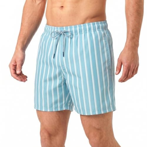 Image of RIPT Men’s Quick Dry Swim Shorts with Mesh Lining Drawstring Waist UV50 Sun Protection Beach & Swimming Trunks (Light Blue Striped, M)