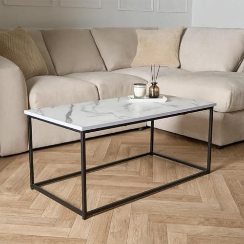 Image of OHS Coffee Tables for Living Room, Decorative Marble Side Table Study Metal Frame Rectangle Long Coffee Table Home Office Centre Table - White, 90 x 48 x 40cm