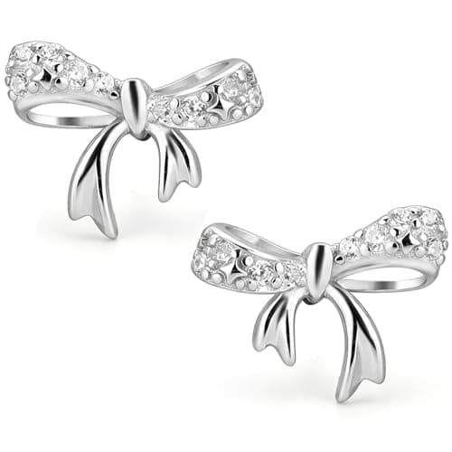 Image of 925 Sterling Silver Cubic Zirconia Bow Stud Earrings, Elegant Earrings 3D Stereo Design with Gift Box for Women Girls
