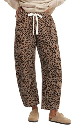 Image of loveimgs Women Baggy Cheetah Print Barrel Jeans Leopard Printed Denim Barrel Pants Elastic Waist Wide Leg Jean Drawstring Y2k, Brown Leopard, XL