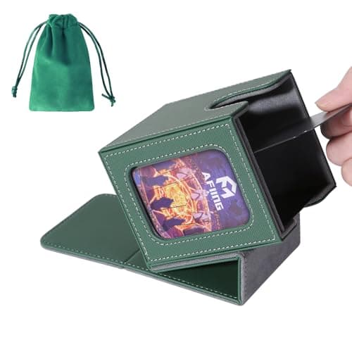 Image of AFIING MTG Deck Box for Commander Display,Card Deck Box Fits 100 Double Sleeved Cards, Magic Commander TCG Card Storage Box with 2 Dividers,Drawstring Bag and 1 Toploader Green grey