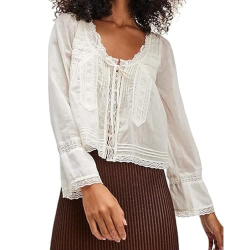 Image of RUIWANBBY Women's Lace Tie Front Top Y2k Coquette Long Sleeve Ruffle Button Down Cardigan Shirt Going Out Flowy Peplum Tops (Ivory, M)
