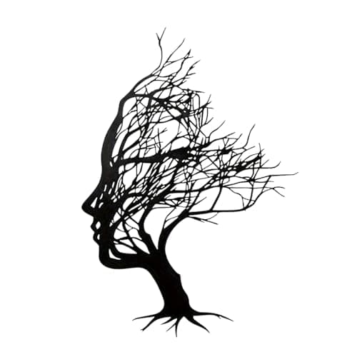 Image of milaosk Abstract Tree of Life Wall Art Black Metal Artwork Lron Tree Branch Head Sculpture 3D Women Face Wall Hanging Decor for Living Room Garden Office Bedroom, 30x21cm