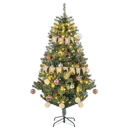 Image of HOMCOM 6ft Pre Lit Artificial Christmas Tree Holiday Décor with 150 Warm White LED Lights and 650 Tips, Banner, Ball, Tag, Tree Decoration, Auto Open