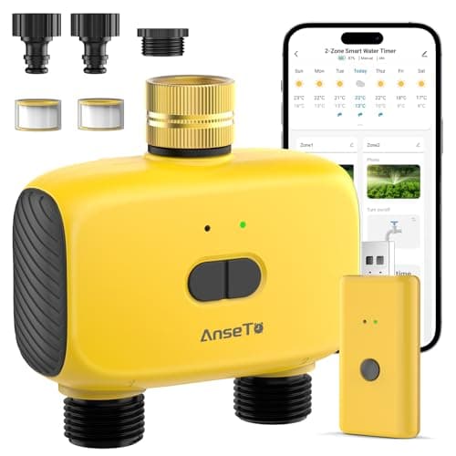 Image of AnseTo Dual Port WiFi Water Timer Irrigation, 2026 Latest Garden Greenhouse Yellow Water Timer, WiFi Remote Controlled Automatic Watering System Compatible with Google Home and Alexa