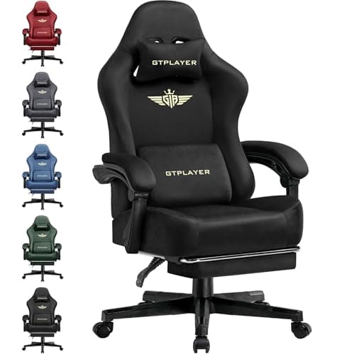 Image of GTPLAYER Fabric Gaming Chair, Ergonomic Computer Chair with Footrest and Lumbar Support Height Adjustable Home Office with 360°-Swivel Seat and Headrest (Black)