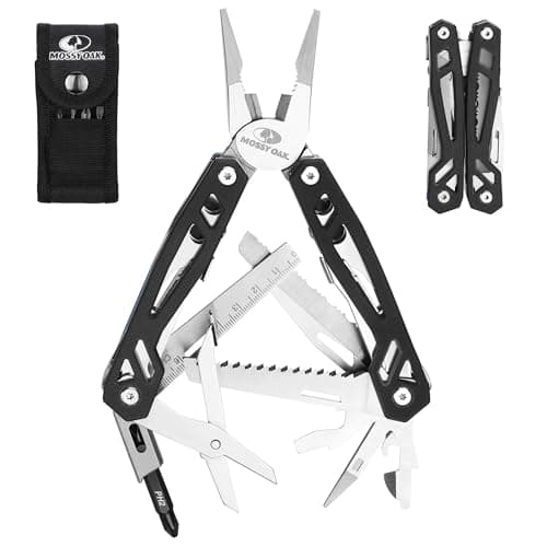 Image of Mossy Oak 22-in-1 Multi-Tool Pliers Includes Carry Bag, Stainless Steel Multifunctional Tool Featuring A Wire Cutter, Bottle Opener, and Screwdriver, Perfect for Camping and Maintenance, Black