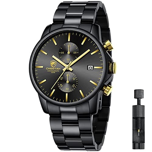 Image of Affute Watches Men with Casual Waterproof Chronograph Quartz Watch Made of Stainless Steel and Metal, Auto Date in Colourful Hands - Gold Black