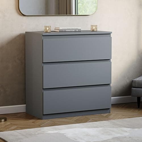 Image of Vida Designs Denver 3 Drawer Chest of Drawers | Grey | Space-Saving Storage | 74H x 70W x 40D cm | Minimal | Smooth Metal Runner | Engineered Wood | Modern Bedroom Chest of Drawers Unit