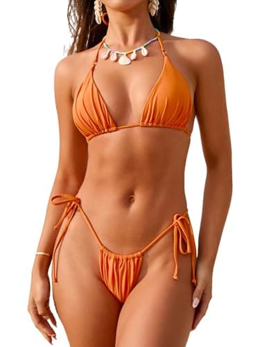 Image of Womens Halter Triangle Bikini Set Two Piece Bathing Suit Thong Sexy String Cute Swimsuit Swimwear(Orange,M)
