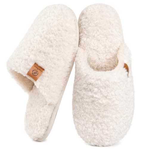 Image of EverFoams Women's Slippers Cosy Fuzzy Faux Alpine Shearling House Shoes Ladies' Memory Foam Slip-ons with Lightweight Non-slip Sole Cream White, 5-6 UK