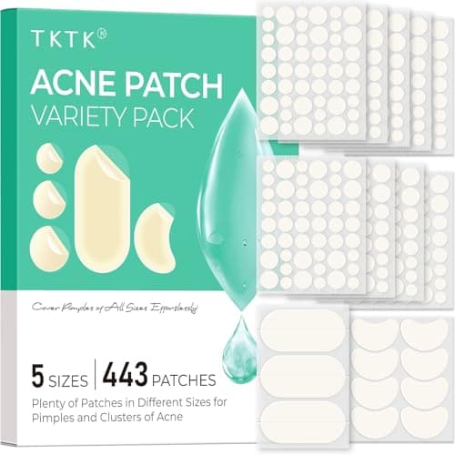 Image of TKTK 443 Count Pimple Patches for Face, Hydrocolloid Acne Patch Bulk, Acne Stickers for Covering Cheeks, Forehead, Chin Blemishes Zit Breakouts for All Skin Types (Dots, Strip, Contoured 5 Sizes)