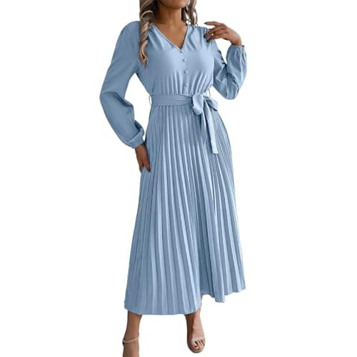 Image of Midi Dresses for Women Spring Elegant Long Sleeve Flowing Pleated A-Line Dress Work Outfits, blue, XL