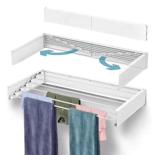 Image of Taylor & Brown 100cm Wall Mounted Laundry Drying Rack Retractable Foldaway Clothes Drying Airer Collapsible Folding Indoor or Outdoor – Space Saver Compact Sleek Design (White)