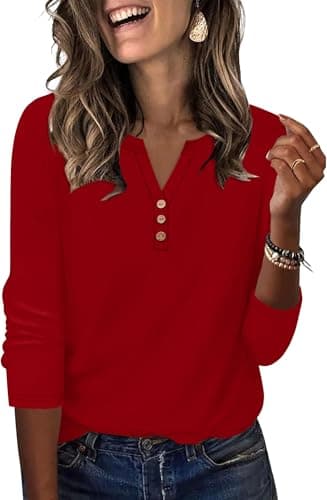 Image of Aokosor Womens 3/4 Sleeve Tops Ladies Blouse V Neck Tunic Long Sleeve T Shirts Curved Hem Office Wear Red Top Plus Size 18-20 for UK