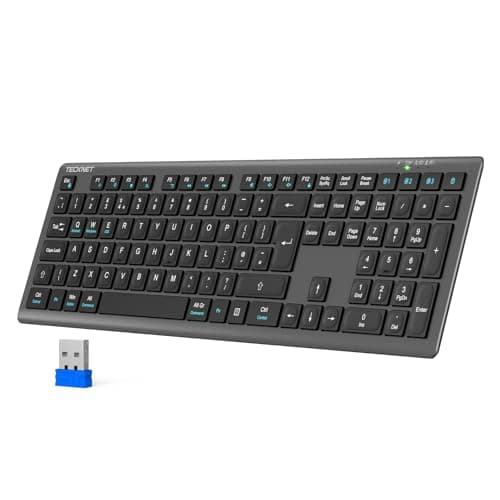Image of TECKNET Wireless Keyboard, Rechargeable 2.4GHz USB Bluetooth Keyboard for 4 Multi Devices, Ultra Slim Full Size UK Layout Keyboards for Computer, Laptop, Tablet, Desktop, Phone (Grey Black)