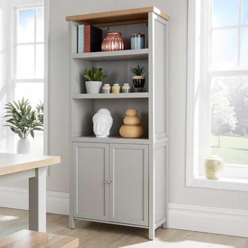 Image of Home Source Tall Display Bookcase, 3 Shelf, 2 Door Storage Cupboard, Oak Effect, Grey
