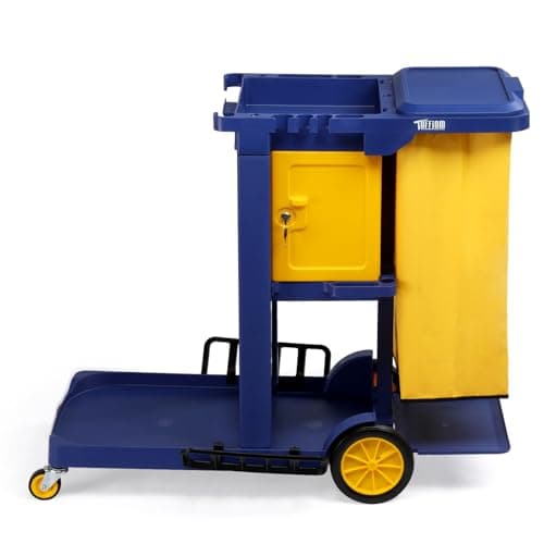 Image of Bonnlo Lockable Cleaning Trolley on Wheels – Tool Trolley, Wagon Wheels, Cleaning Caddy on Wheels, Cleaning Bag & Secure Cupboard for Office (Blue, with door)