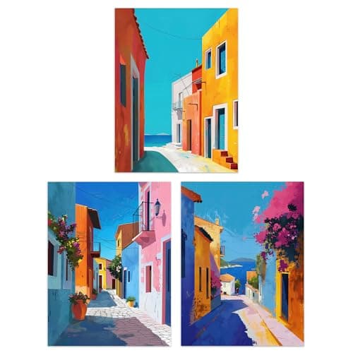 Image of Artery8 Set of 3 Colourful Greek Coastal Street Paintings Living Room A4 Size Wall Art Prints Pack