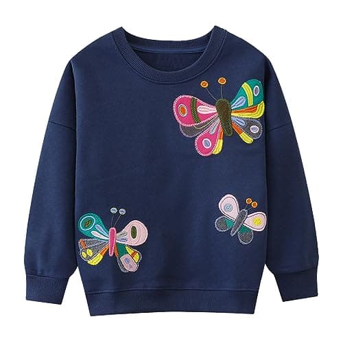 Image of Little Hand Girls Sweatshirt Butterfly Cotton Long Sleeve Toddler Casual Jumpers Top Kids Clothes Child Pullover Age 7-8 Year