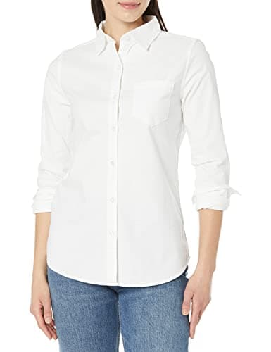 Image of Amazon Essentials Women's Regular Fit Long Sleeve Button Down Stretch Oxford Shirt (Available in Plus Size), White, M
