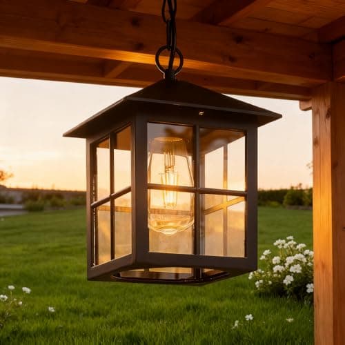 Image of XINYASEE Outdoor Hanging Lantern Light, Vintage Farmhouse Style Outdoor Pendant Lamp with Clear Glass Panels, Weatherproof Ceiling Light for Patio, Porch, Garden, Deck(DD-B)