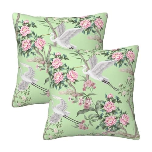 Image of HOSTECCO Chinoiserie Floral Cushion Covers 45x45 cm Set of 2 Peonies Herons Cushion Cases Vintage Flowers Decorative Pillow Covers for Sofa Couch