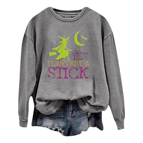 Image of Halloween Kostüm Women's Fashion Halloween Witch Letters Yes I Can Drive A Stick Printed Long Sleeved Hoodie (Grey, S)