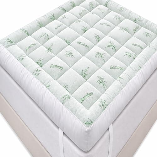 Image of Bamboo Mattress Topper Double Bed – 10cm Extra Thick Quilted Box Stitched Fluffy Double Mattress Topper – Anti Allergy Thick Mattress Topper Double with Strong Elasticated Corner Straps (137x190cm)