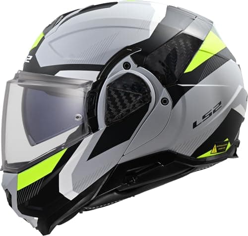 Image of LS2 Advant II FF910. Motorcycle Helmet. Modular Flip Front. KPA + Carbon Components. Pinlock and Carry Backpack Included. TRIPLE Matt Light Grey H-Viz Yellow. M