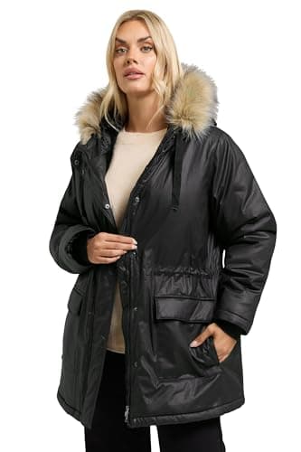 Image of Yours Curve Waxed Faux Fur Trim Parka Coat - Women's - Plus Size Curve