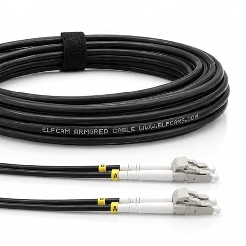 Image of Elfcam® - 15m/49.2ft Outdoor and Indoor Shielded Armored Fiber Optic Cable LC/UPC to LC/UPC OM3 Multimode Duplex 50/125μm LSZH, Black 15 Meters
