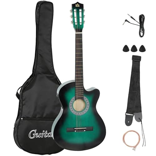 Image of HOMCOM 38 Inch Full Size Acoustic Electric Guitar, Classical Beginner Junior Adult Guitar Gloss Finish with Carrying Case, Strap, Picks, Spare Strings - Dark Green