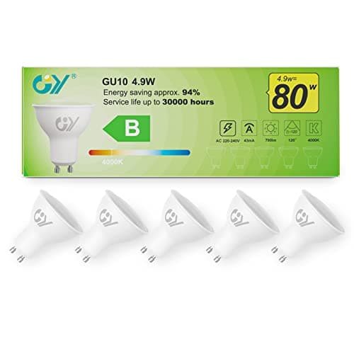 Image of GY GU10 LED Bulb 4.9W 790lm Neutral White 4000K Energy Saving LED Bulb,The New UK Energy Efficiency Class B Replaces 80W, 110°Beam Angle Non-Dimmable, 5 Pack