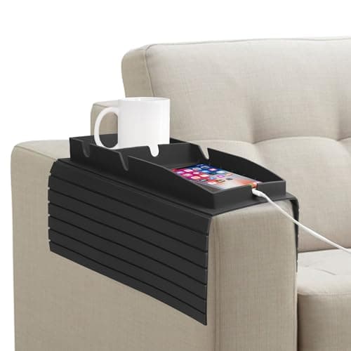 Image of NiCola Sofa Armrest Tray Table Black Sofa Armrest Tray Organizer, Silicone Couch Arm Rest Cup Holder for TV Remote Control, Coffee, Snacks, Glasses, Phone Organisation Storage (Black)