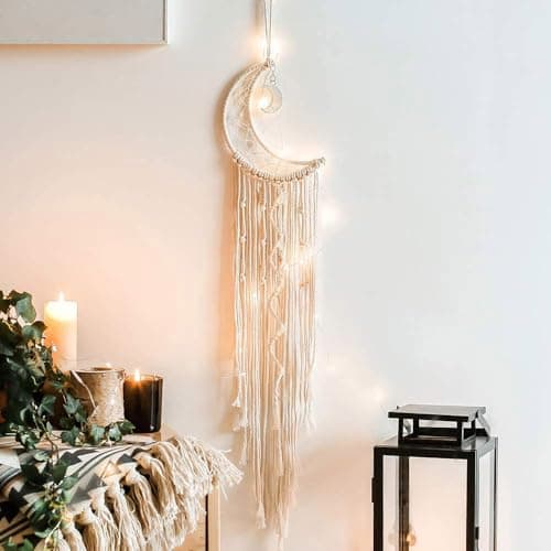 Image of Koytoy Macrame Wall Hanging with LED Light,Moon Dream Catcher Woven Tapestry Bohemian Home Decor Wedding Party Ornaments Craft Gifts Ramadan Decorations for Home